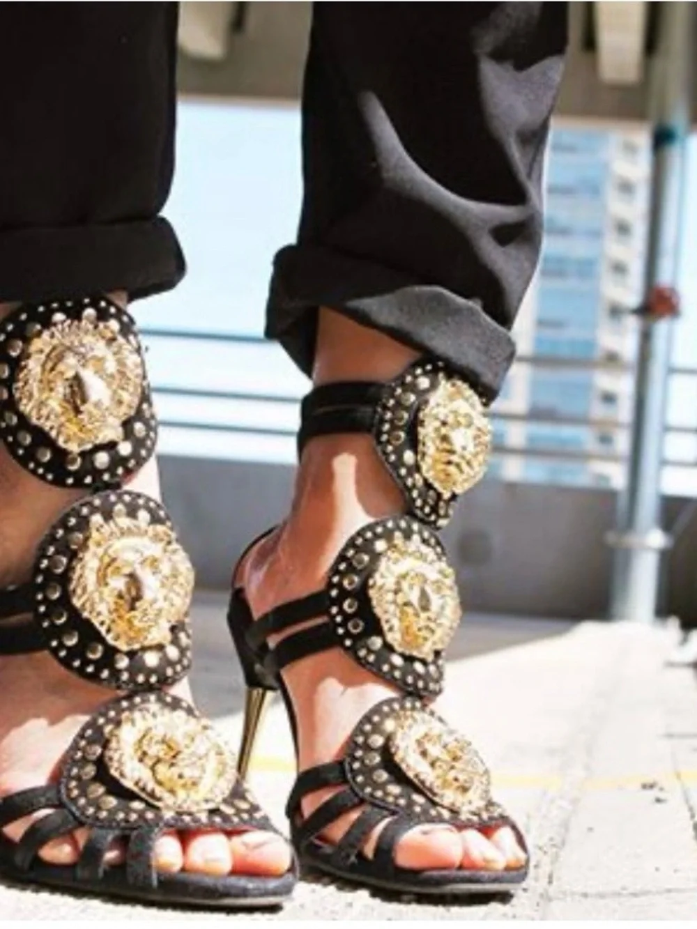 Jeffrey Campbell Covacha Lioness Goddess heelsSz 7.5 gold lion head black suede - Picture 2 of 11